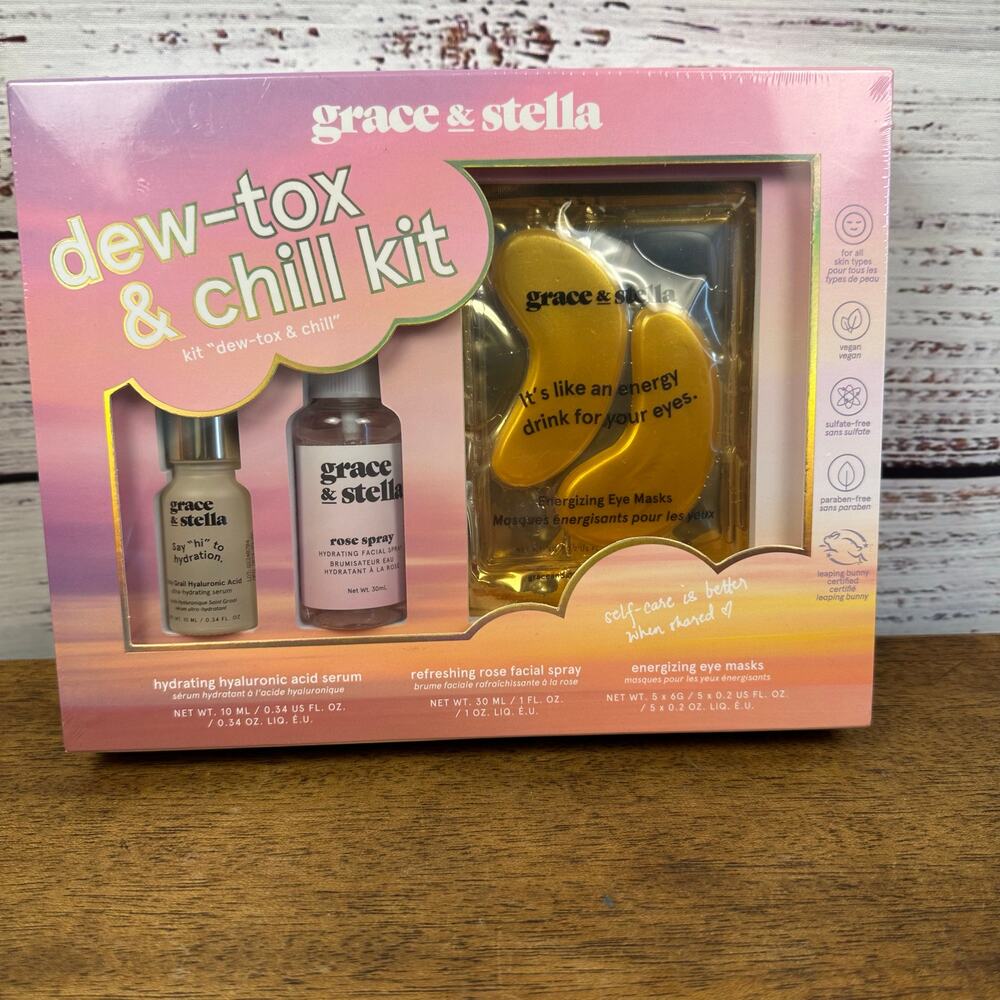 NEW Grace & Stella Dew-Tox & Chill Skincare Gift Set Gold Eye Masks Serum